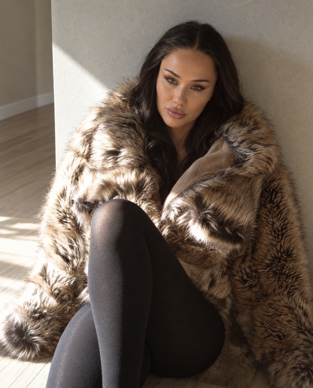 Personal style concept of Kambry in a textured coat, seated in afternoon light